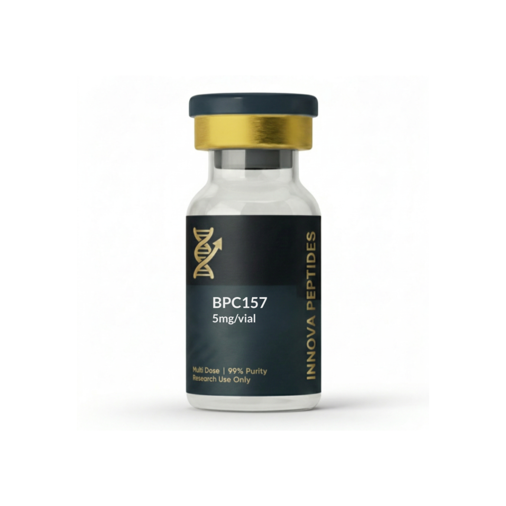 Vial liofilizado de BPC-157 5mg con pureza 99% para estudios de laboratorio y regeneración.