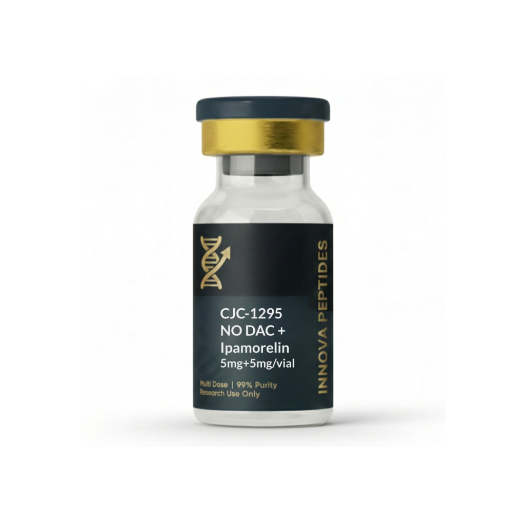 Mezcla de CJC-1295 e Ipamorelin en vial liofilizado de alta pureza para análisis de laboratorio.