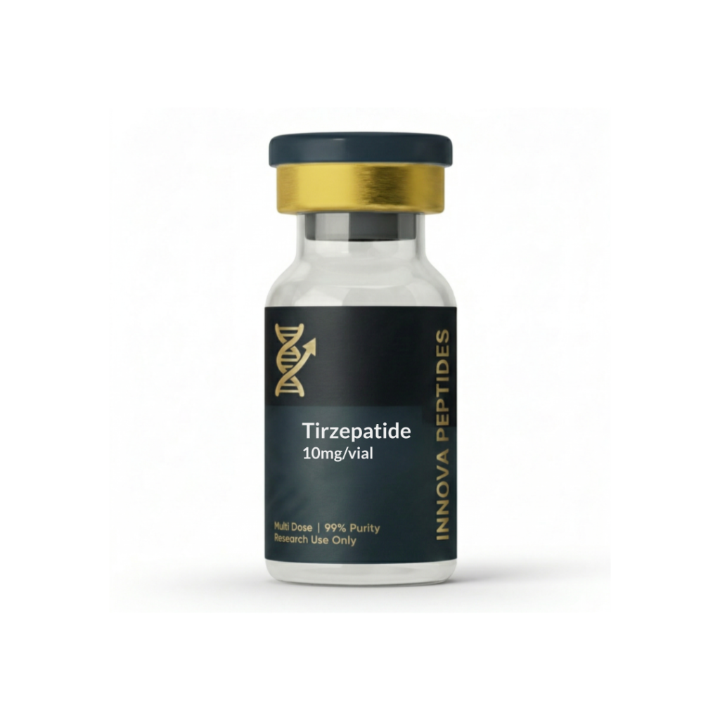 Vial de Tirzepatida liofilizada con pureza verificada por HPLC - Formato investigación.